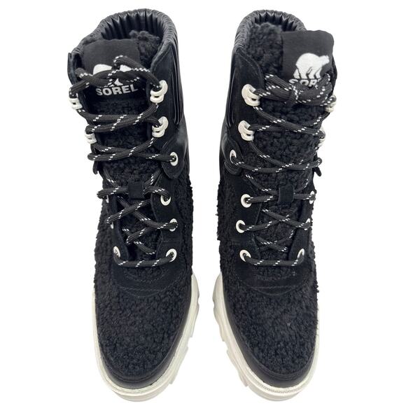 Sorel Brex Heel Cozy Lace Bootie Womens 8 Black Leather Faux Shearling White - Picture 6 of 10